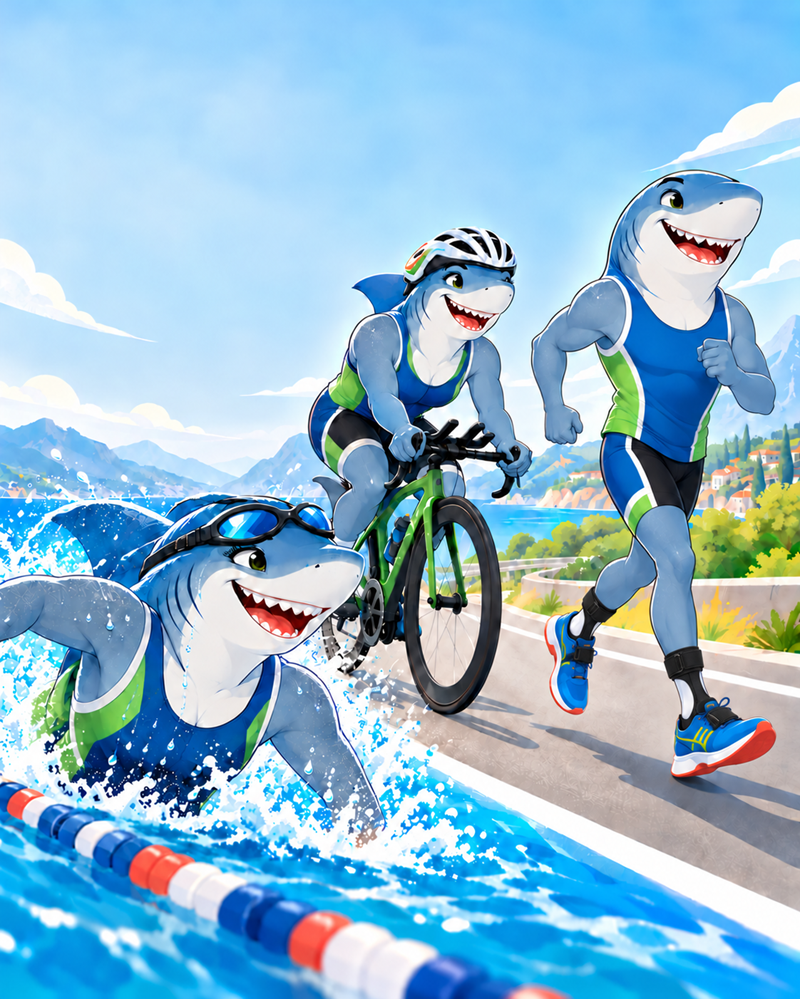 Three ECMTF athletes living with CMT swim, cycle and run the DATEV Challenge Roth relay; the runner wears ankle-foot orthoses