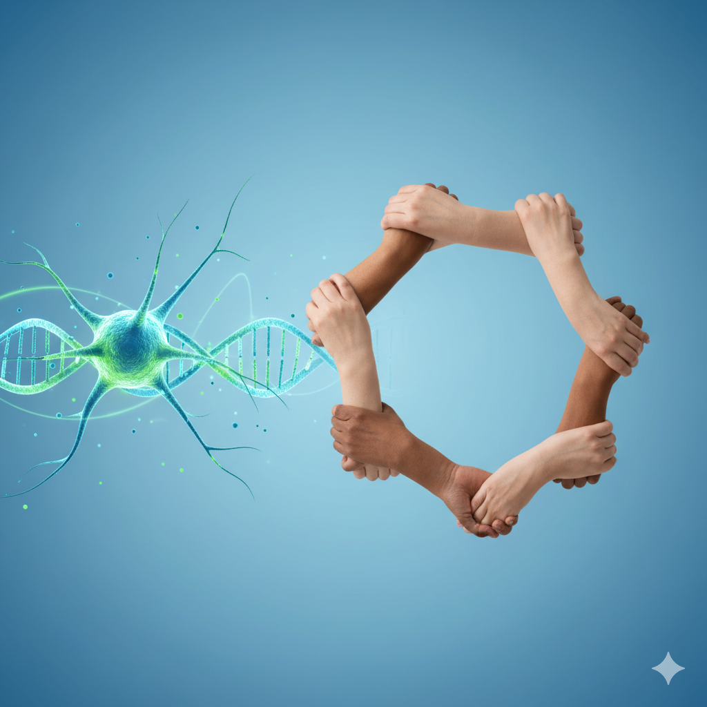 A neuron, DNA and arms holding together to simbolize Patient Readiness for Partnership in Research on inherited Neuromuscular Diseases (iNMD) Report of a Survey